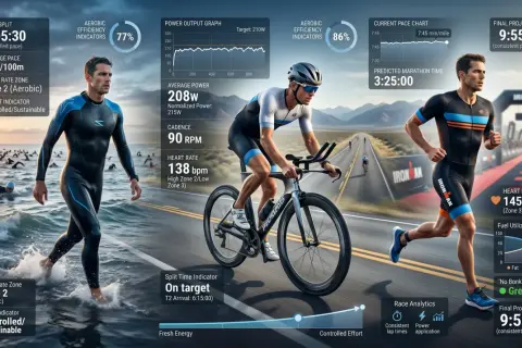 A triathlon athlete transitions from swimming to cycling, then to running, with real-time performance data displayed, showcasing a projected finish time of 9:55:00.