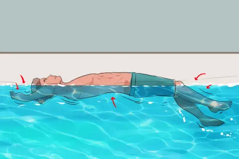 Illustration showing how to float on your back in water. Red arrows indicate subtle movements to maintain balance.
