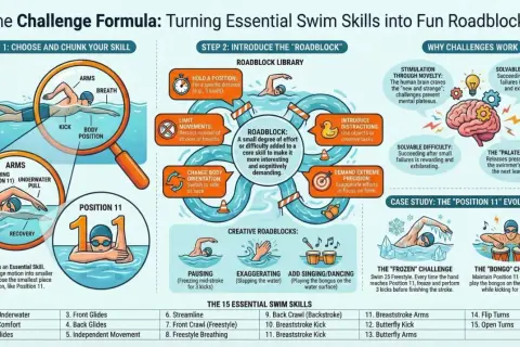 Learn to swim in a week by breaking down skills like "Position 11" and adding fun "roadblocks" to make practice engaging.