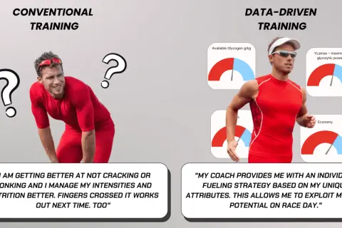 Two athletes, one confused with question marks, the other running with data charts. Learn triathlon tips for data-driven training.