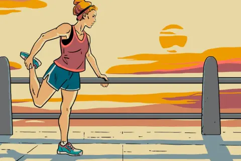 A woman stretches her leg before an epic sunset, ready for iron man races.