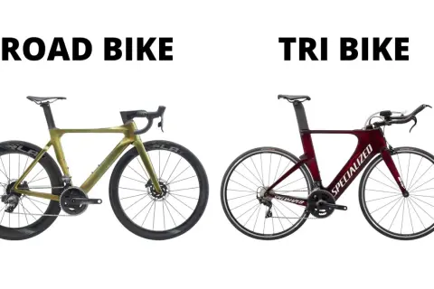 A gold road bike and a red tri bike are shown side-by-side, highlighting their distinct frame designs and handlebars for different cycling disciplines.