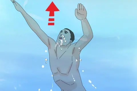A swimmer demonstrates how to breathe in water, with an upward arrow indicating movement. Bubbles surround their face.