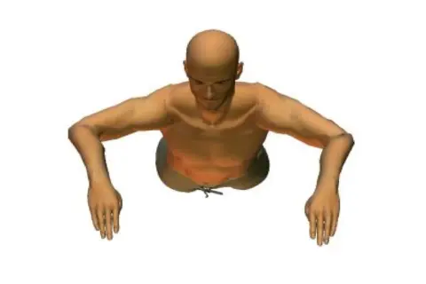 A bald man with muscular arms outstretched, resembling butterfly arms in a swimming pose.