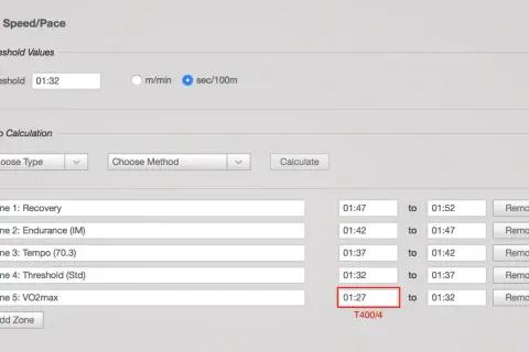 Swim training zones, including Zone 5: VO2max, with pace settings to improve VO2 max.