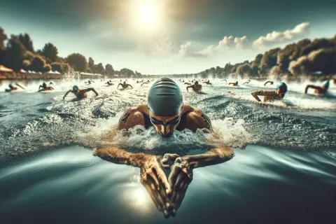 Swimmers in a triathlon race, performing the breaststroke. The sun shines brightly on the water as athletes push through the waves.