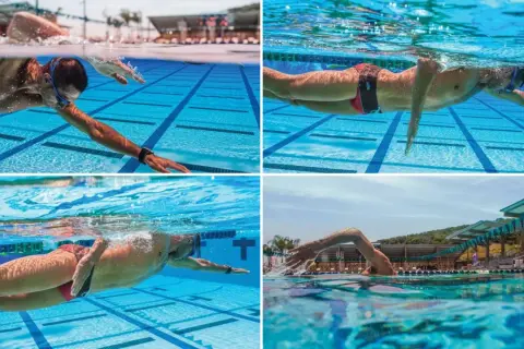 Four swim strokes captured underwater: freestyle, backstroke, and breaststroke. A swimmer glides through the blue water of a pool.
