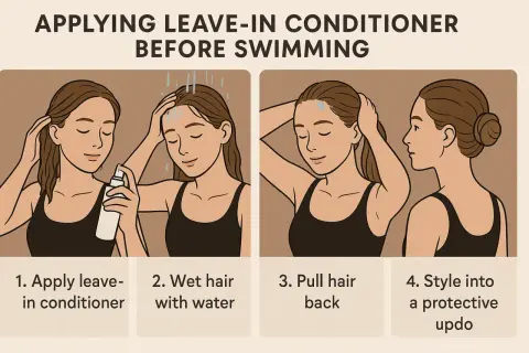 Learn how to protect hair from chlorine by applying leave-in conditioner, wetting hair, pulling it back, and styling into a protective updo.