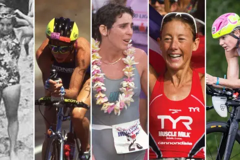 Paula Newby Fraser, a legendary triathlete, in various stages of her career, from early races to triumphant finishes.