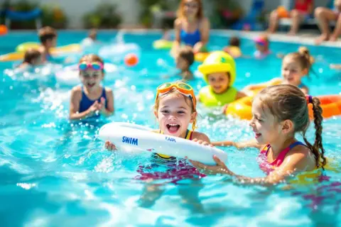 Children joyfully participate in swim games in a pool, splashing and laughing with inflatable rings.