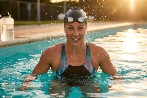 A swimmer emerges from the pool, water droplets flying. She smiles, her muscles defined. Do you sweat when you swim?