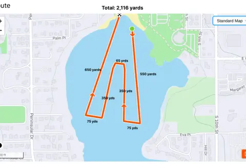 A map shows a route with various distances, totaling 2,116 yards. The route zigzags across a body of water, with segments labeled 650, 350, 75, 550, and 65 yards.