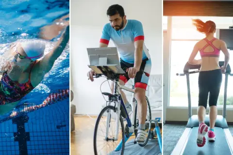 A woman swims, a man cycles indoors, and a woman runs on a treadmill, showcasing an indoor triathlon.