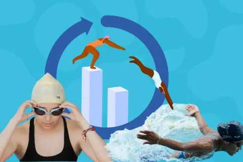 A swimmer prepares to dive, while others swim. The image asks, "can I swim on my period?