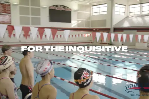 Young swimmers in a pool, ready for competitive swim lessons. The text "FOR THE INQUISITIVE" is prominent.