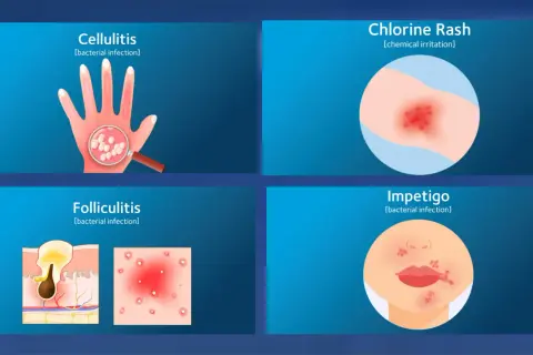 Illustrations show skin conditions: Cellulitis on a hand, Chlorine Rash on an arm, Folliculitis in skin layers, and Impetigo on a face. Can you swim with impetigo? No.