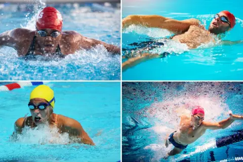 Four swimmers showcase different strokes. One performs the butterfly, another the freestyle, a third the breaststroke, and the last is underwater, possibly executing the best stroke for speed.