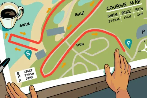 Course map showing swim, bike, and run routes. Distances are listed: 375km swim, 10km bike, 2km run, hinting at ultra Ironman distances.