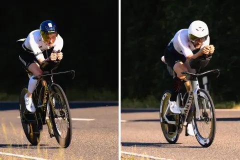 Two athletes on time trial bikes, part of a triathlon, race on a sunny road.