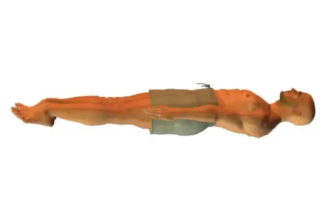 A person floats on their back, legs extended, arms resting on their chest. This is a starting position for learning what is elementary backstroke.