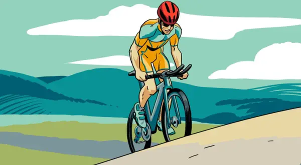 Cyclist in orange and blue gear, focused on their 10 week sprint triathlon training plan, races through a stylized landscape of rolling hills and clouds.