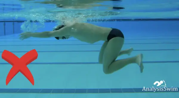 A swimmer demonstrates an incorrect breaststroke kick, with knees splayed outwards. A red X marks the error.