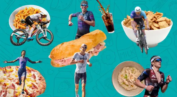 Triathlon nutrition: Athletes race past pasta, pizza, sandwiches, cereal, and rice dishes, fueling their endurance.