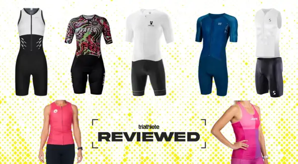 A collection of triathlon clothing, including full suits and separates in various colors and styles, ready for review.