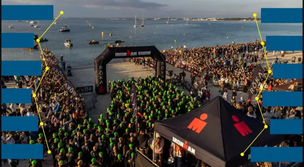 Ironman swim start line with athletes in green caps. The 70.3 vineman race is about to begin by the sea.