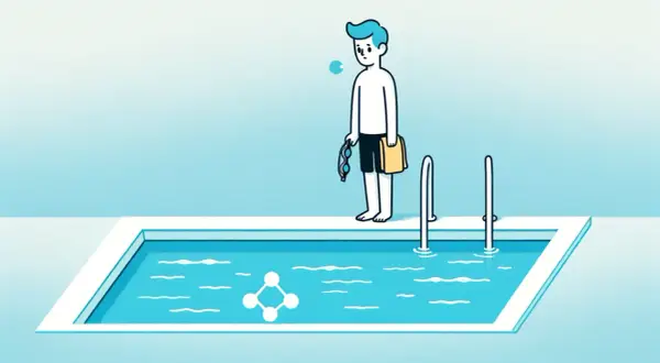 A boy stands by a pool, holding goggles and a towel, looking worried. A molecular structure floats in the water, hinting at chlorine sensitivity.