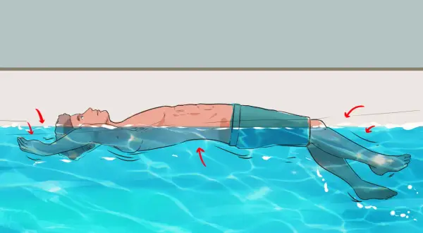 Illustration showing how to float on your back in water. Red arrows indicate subtle movements to maintain balance.
