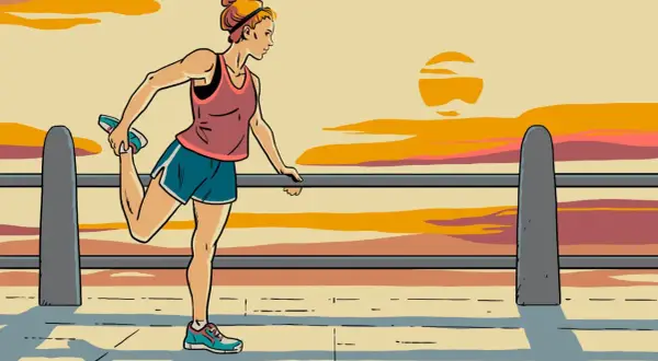 Woman stretching her leg during sprint triathlon training at sunset.