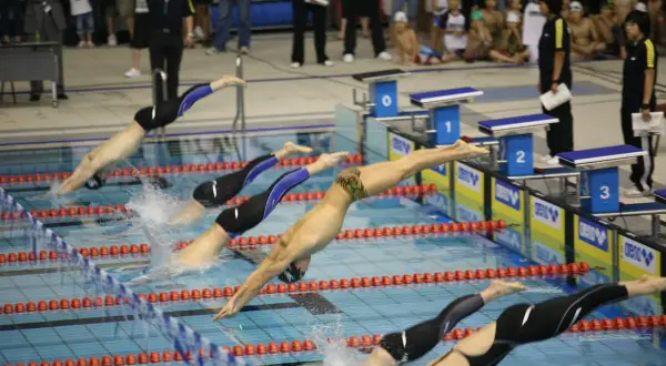 Swimmers dive into the pool for mid-distance swim workouts.