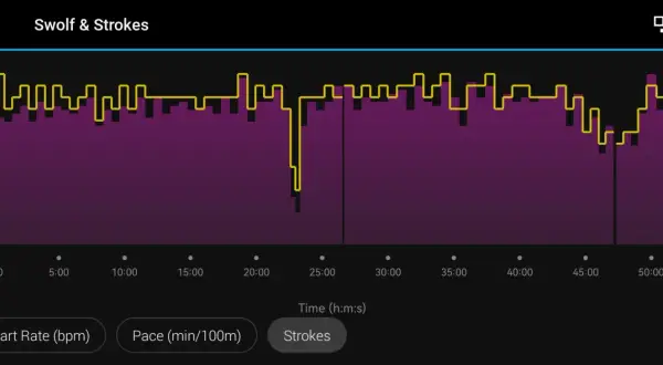 A graph showing swimming strokes over time. A good swolf score is indicated by lower numbers, suggesting efficiency.