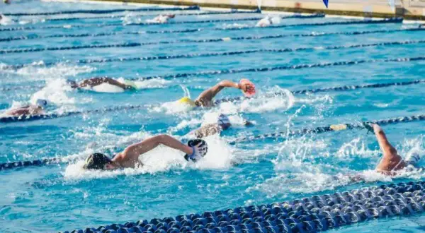 Swimmers push through the water in a competitive race, showcasing an intense hiit swim workout.