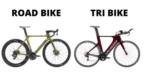 A gold road bike and a red tri bike are shown side-by-side, highlighting their distinct frame designs and handlebars for different cycling disciplines.