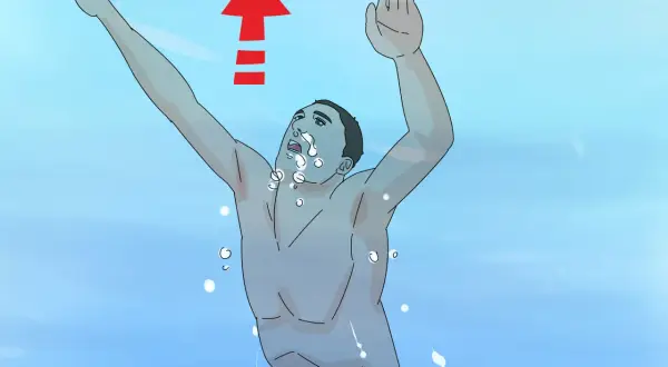A swimmer demonstrates how to breathe in water, with an upward arrow indicating movement. Bubbles surround their face.
