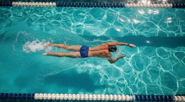 A swimmer glides through a pool, executing a perfect stroke as part of their swim workout plan. Sunlight dances on the water's surface.