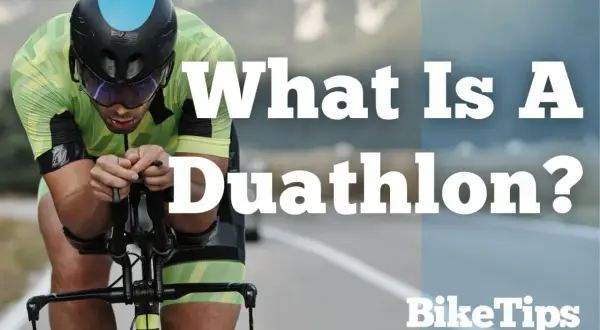 A cyclist in a neon green suit and helmet races on a road, with text asking "What Is A Duathlon?".