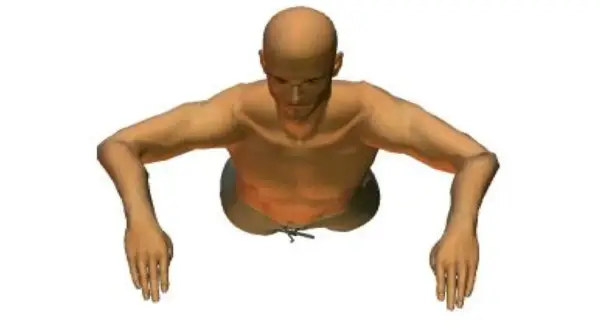 A bald man with muscular arms outstretched, resembling butterfly arms in a swimming pose.