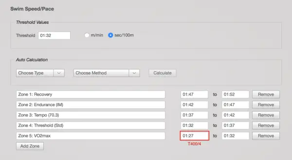 Swim training zones, including Zone 5: VO2max, with pace settings to improve VO2 max.