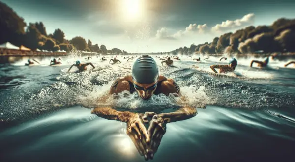 Swimmers in a triathlon race, performing the breaststroke. The sun shines brightly on the water as athletes push through the waves.