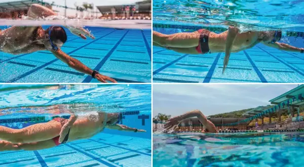 Four swim strokes captured underwater: freestyle, backstroke, and breaststroke. A swimmer glides through the blue water of a pool.