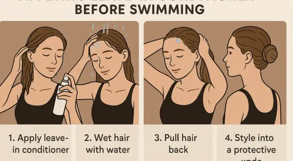 Learn how to protect hair from chlorine by applying leave-in conditioner, wetting hair, pulling it back, and styling into a protective updo.