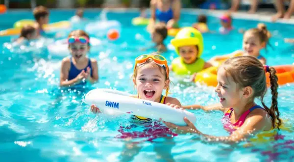 Children joyfully participate in swim games in a pool, splashing and laughing with inflatable rings.