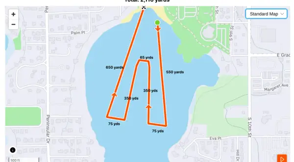 A map shows a route with various distances, totaling 2,116 yards. The route zigzags across a body of water, with segments labeled 650, 350, 75, 550, and 65 yards.