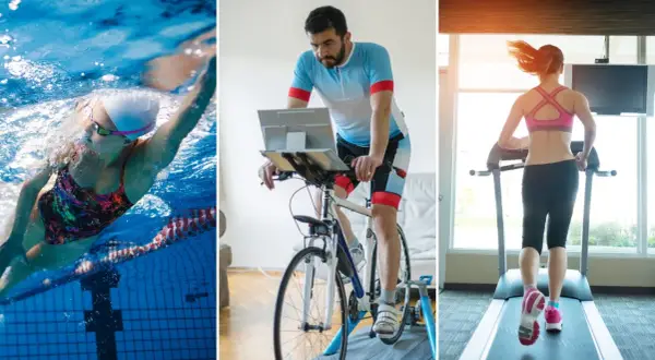 A woman swims, a man cycles indoors, and a woman runs on a treadmill, showcasing an indoor triathlon.