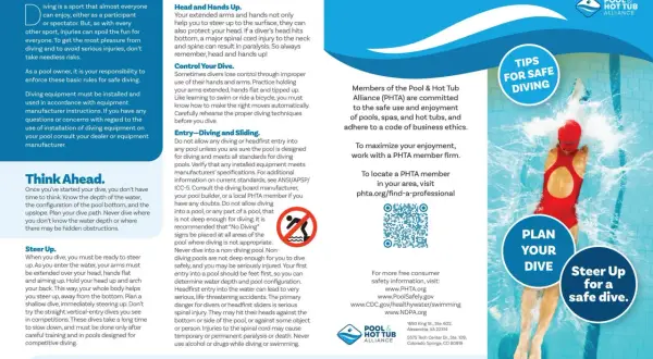 Tips for safe diving: steer up, plan your dive, and always think ahead to avoid injury.