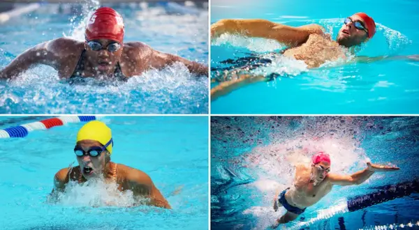Four swimmers showcase different strokes. One performs the butterfly, another the freestyle, a third the breaststroke, and the last is underwater, possibly executing the best stroke for speed.