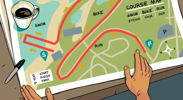 Course map showing swim, bike, and run routes with distances, perfect for beginner triathlon distances.